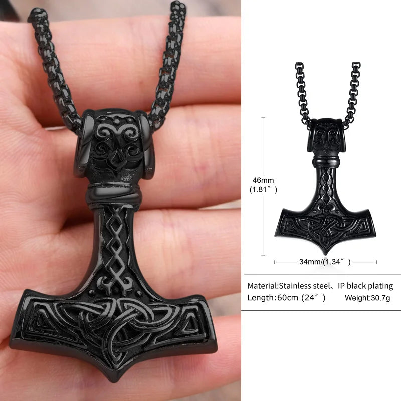 Mjolnir Thor's Hammer Necklace - Stainless Steel Viking Pendant