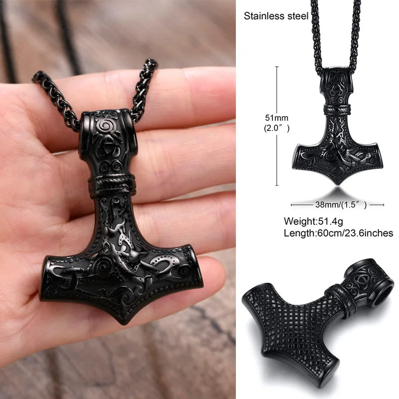 Mjolnir Thor's Hammer Necklace - Stainless Steel Viking Pendant