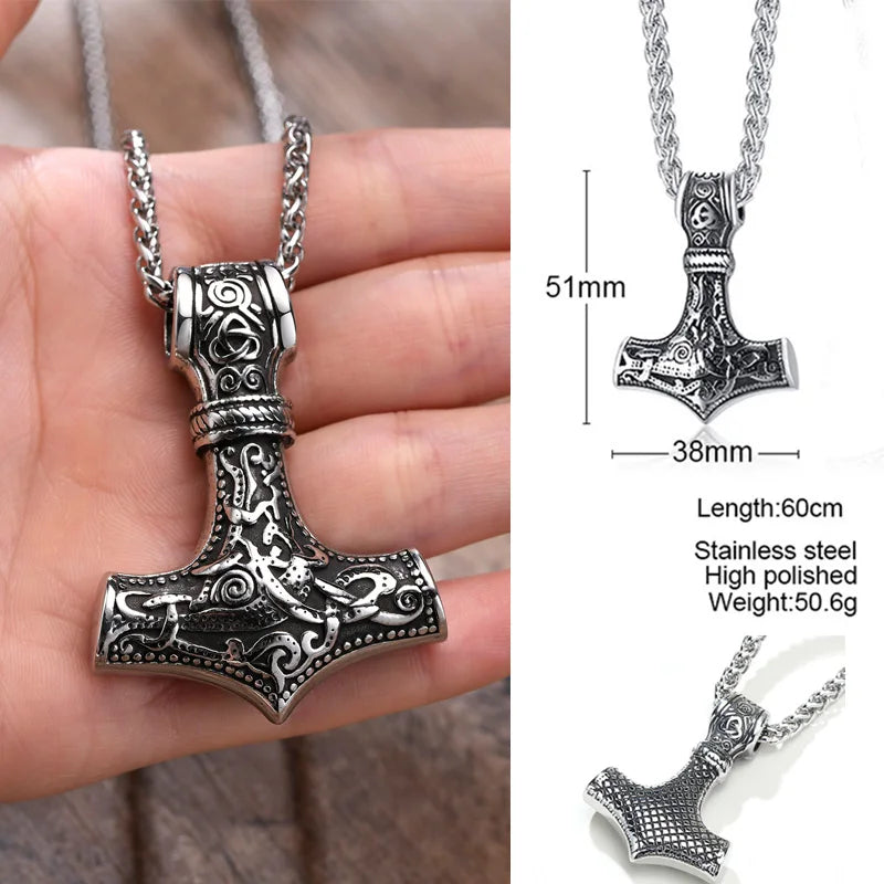 Mjolnir Thor's Hammer Necklace - Stainless Steel Viking Pendant