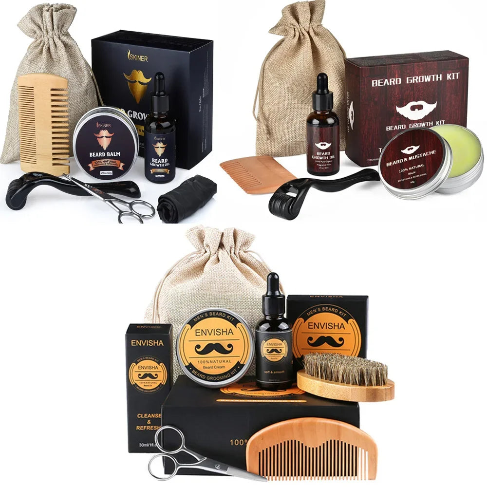 Beard Growth Kit - Complete Care Set with Oil, Wax & Roller