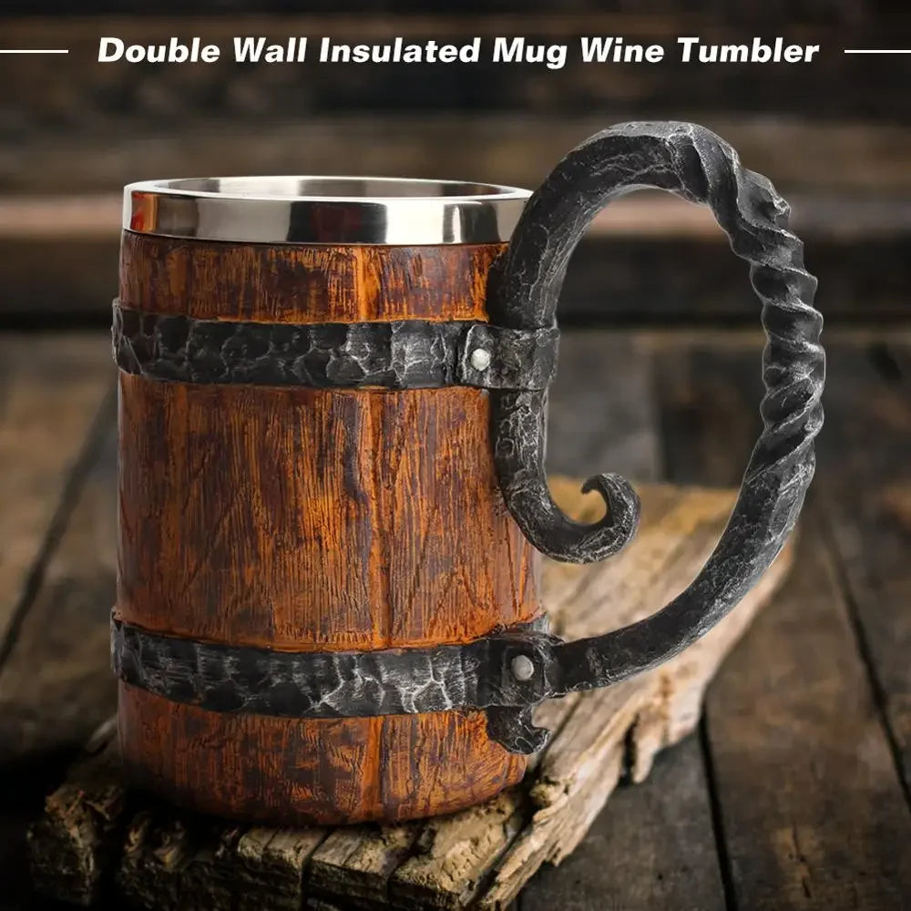Viking Wood Beer Mug - Double Wall Insulated Barrel Cup