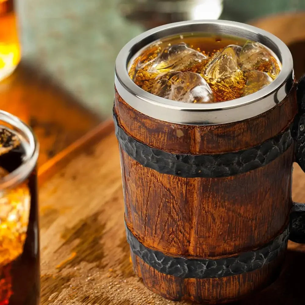 Viking Wood Beer Mug - Double Wall Insulated Barrel Cup
