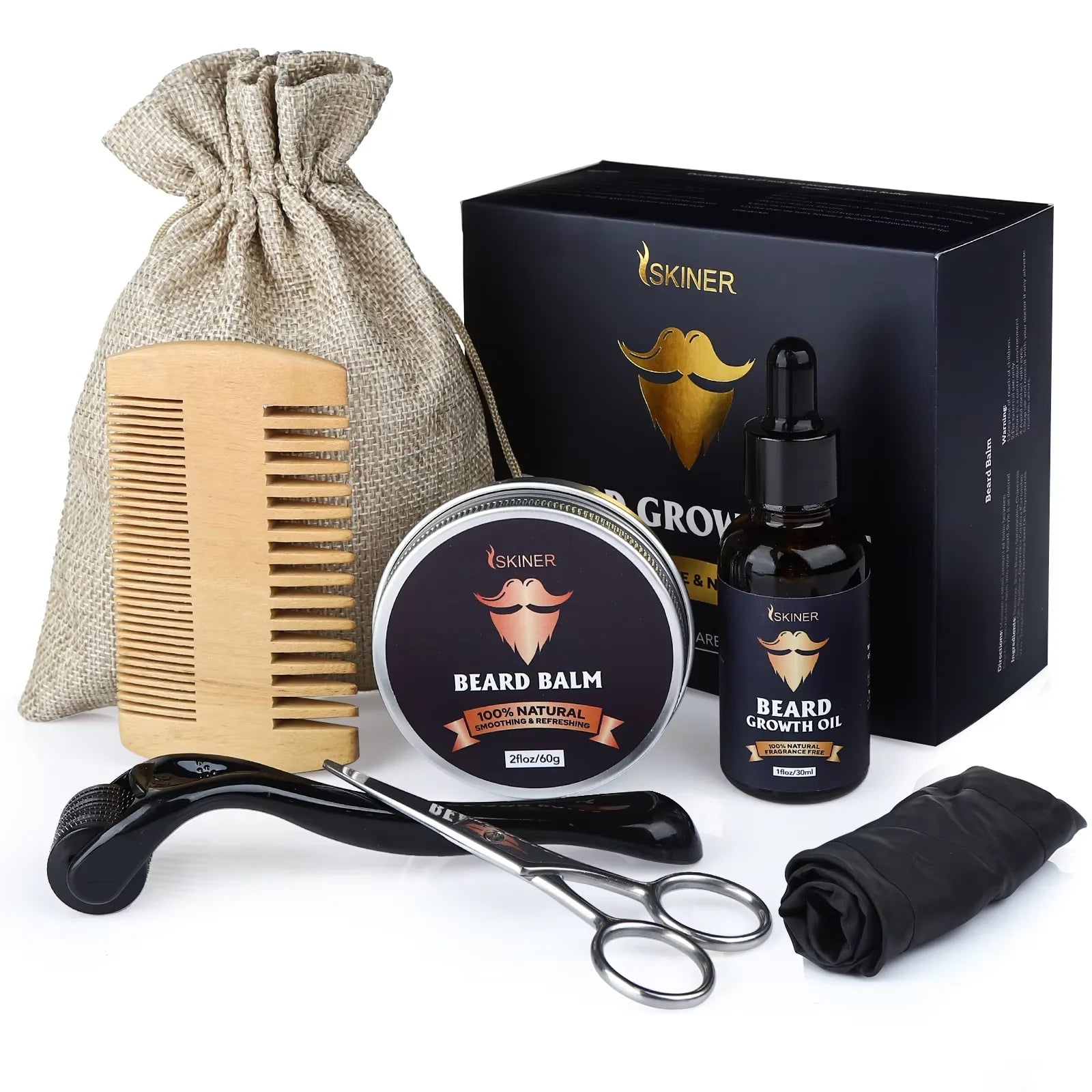 Beard Growth Kit - Complete Care Set with Oil, Wax & Roller