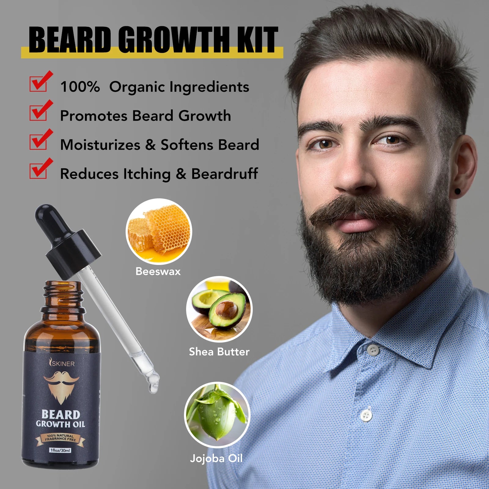 Beard Growth Kit - Complete Care Set with Oil, Wax & Roller